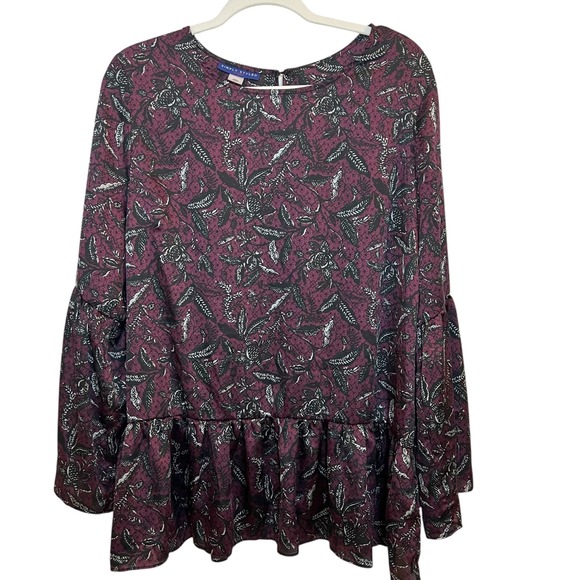 Simply Styled Tops - Simply Styled by Sears Women's Burgundy Floral‎ Bell Sleeve Peplum Tunic Top XL